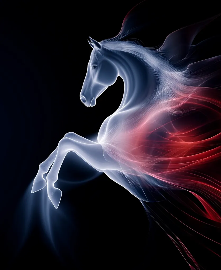 The image depicts a stylized horse, seemingly ethereal, in mid-leap.  Its form is translucent, rendered in shades of cool blue and white, contrasting with a fiery, red-toned mane and tail that flows behind it like smoke or flames.  The horse's anatomy is visible, yet softened and fluid, giving it an almost ghostly or spectral quality against the stark black background. The overall effect is one of dynamic movement and otherworldly grace.