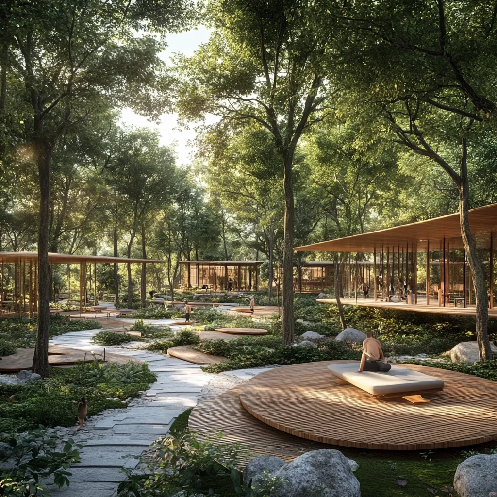 A serene wellness retreat nestled within a lush forest.  Modern, minimalist wooden structures with glass walls are interspersed with winding stone pathways and circular wooden platforms.  A person meditates on a raised platform, surrounded by meticulously landscaped greenery.  The overall atmosphere is one of tranquility and natural beauty, promoting relaxation and mindfulness.  Sunlight filters through the dense canopy, creating dappled shade.