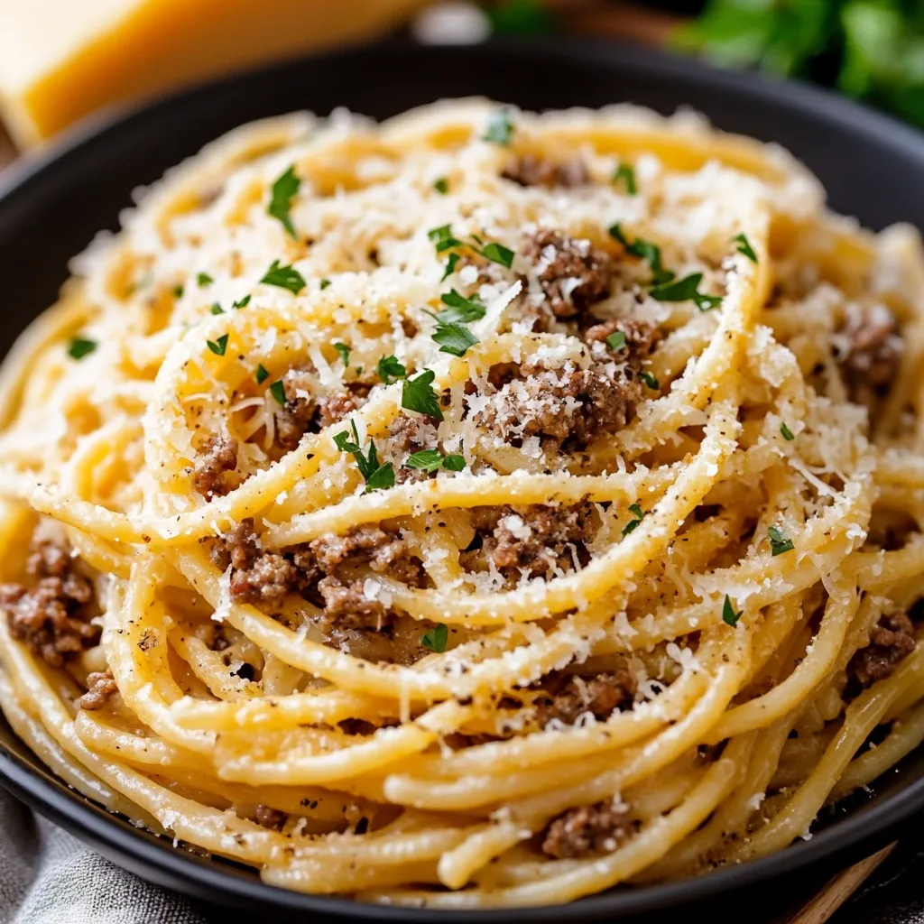Here's a description of the image:

A close-up shot reveals a plate of spaghetti, generously coated in a creamy sauce and speckled with browned ground meat.  The pasta is piled high, creating a visually appealing mound.  A generous sprinkling of grated cheese, possibly Parmesan, adds texture and a light dusting of freshly chopped parsley provides a pop of green.  The overall impression is one of rich, savory comfort food.  A blurred background suggests a rustic setting, possibly hinting at a kitchen or dining table.