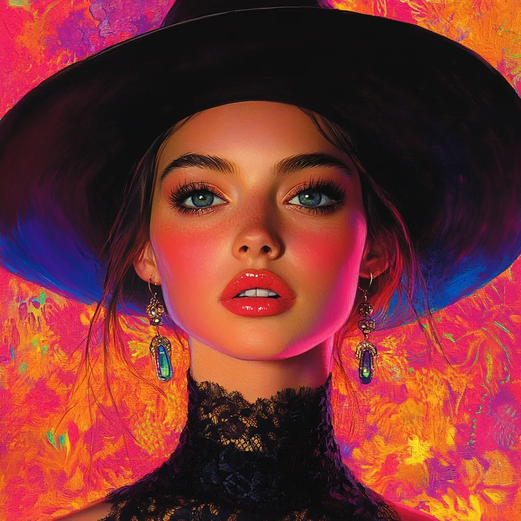 A stylized portrait of a young woman wearing a wide-brimmed black hat.  Her face is brightly lit, showcasing rosy cheeks and full lips painted a vibrant red.  She wears long, ornate earrings with iridescent stones and a black lace high-necked top. The background is a swirling, abstract blend of oranges, pinks, and blues, creating a dramatic contrast to her dark hat and clothing. The overall style suggests digital art with a painterly feel.