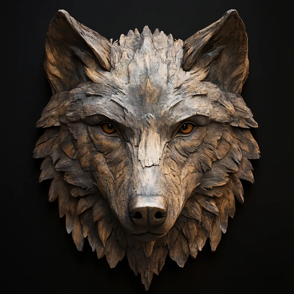 Here's a description of the image:

The image shows a meticulously crafted wooden sculpture of a wolf's head.  The wood is dark, possibly stained, giving it an aged, almost ancient appearance.  The detail is remarkable, with individual strands of fur intricately carved to create a realistic texture. The wolf's expression is serious and intense, its amber eyes adding depth and life to the piece. The dark background accentuates the sculpture, making it the clear focal point. The overall style is rustic and imposing, suggesting strength and wildness.