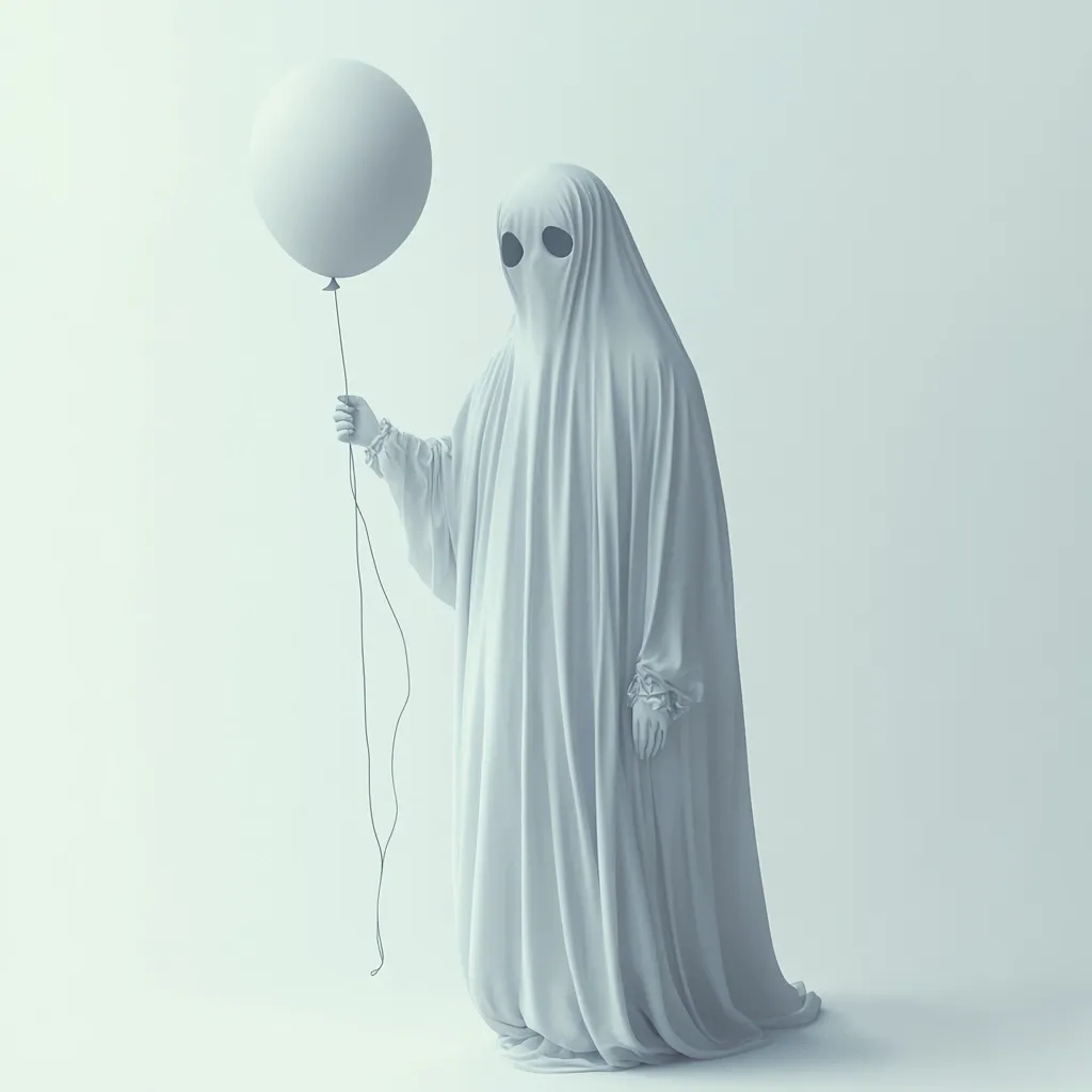 A monochromatic image depicts a ghost-like figure, draped in flowing white fabric, holding a single, pale balloon. The figure's face is obscured, with only dark eyeholes visible. The overall tone is serene yet slightly unsettling, suggesting a melancholic or ethereal mood. The simple background accentuates the subject, creating a minimalist yet impactful composition. The ghost's attire and the balloon imply a childlike innocence juxtaposed with the spectral nature of the being.