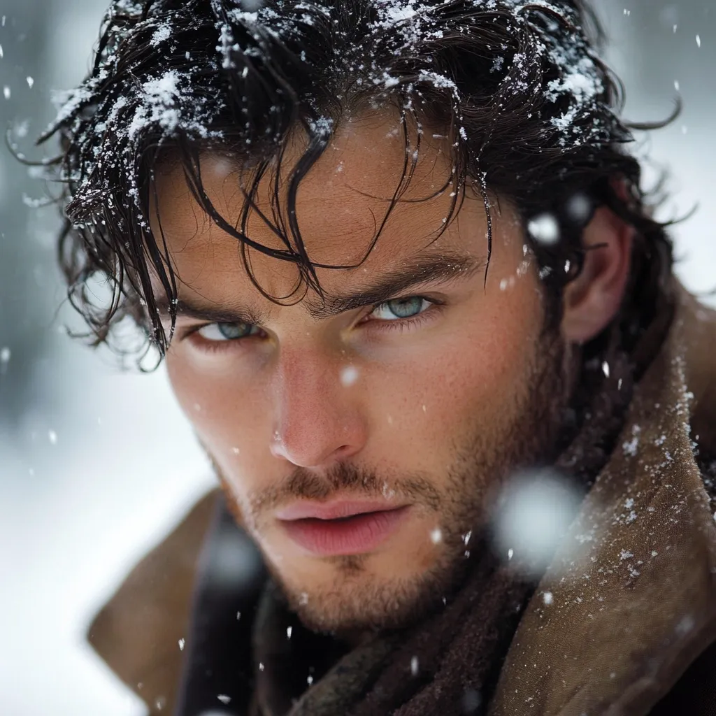 Here's a description of the image:

Close-up portrait of a handsome man with dark, wet hair speckled with snowflakes.  His intense blue eyes are captivating, and his face is partially shadowed, adding depth to his features.  He has a strong jawline and a well-groomed beard.  He's wearing a brown coat and a dark scarf, suggesting a cold winter setting.  The overall mood is moody and attractive, with the falling snow creating a soft, romantic atmosphere.