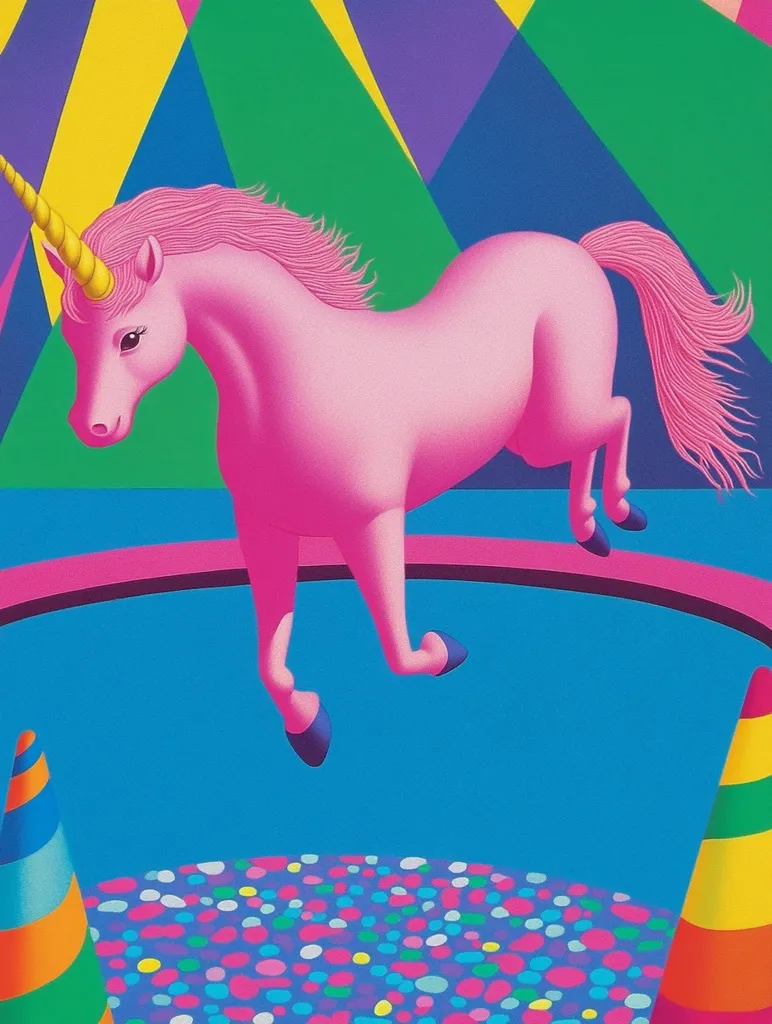 A vibrant, stylized artwork depicts a pink unicorn mid-leap over a circular, pink-rimmed trampoline.  The unicorn's mane and tail are a matching pink, and its horn is a golden yellow. The background is a bold geometric pattern of bright green, yellow, purple, and blue triangles.  The trampoline sits atop a surface sprinkled with colorful dots, flanked by two striped cones. The overall aesthetic is playful and surreal.