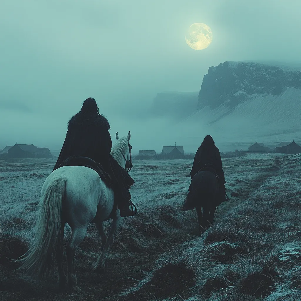 Two cloaked figures on horseback ride away from a small village under a large, bright moon.  The scene is shrouded in mist, giving it a mystical, almost melancholic atmosphere. The landscape is desolate, with low-lying buildings and a stark, mountainous backdrop. The overall color palette is muted blues and greens, enhancing the cold, lonely feeling. The white horse in the foreground contrasts with the dark figures and the overall shadowy ambiance.