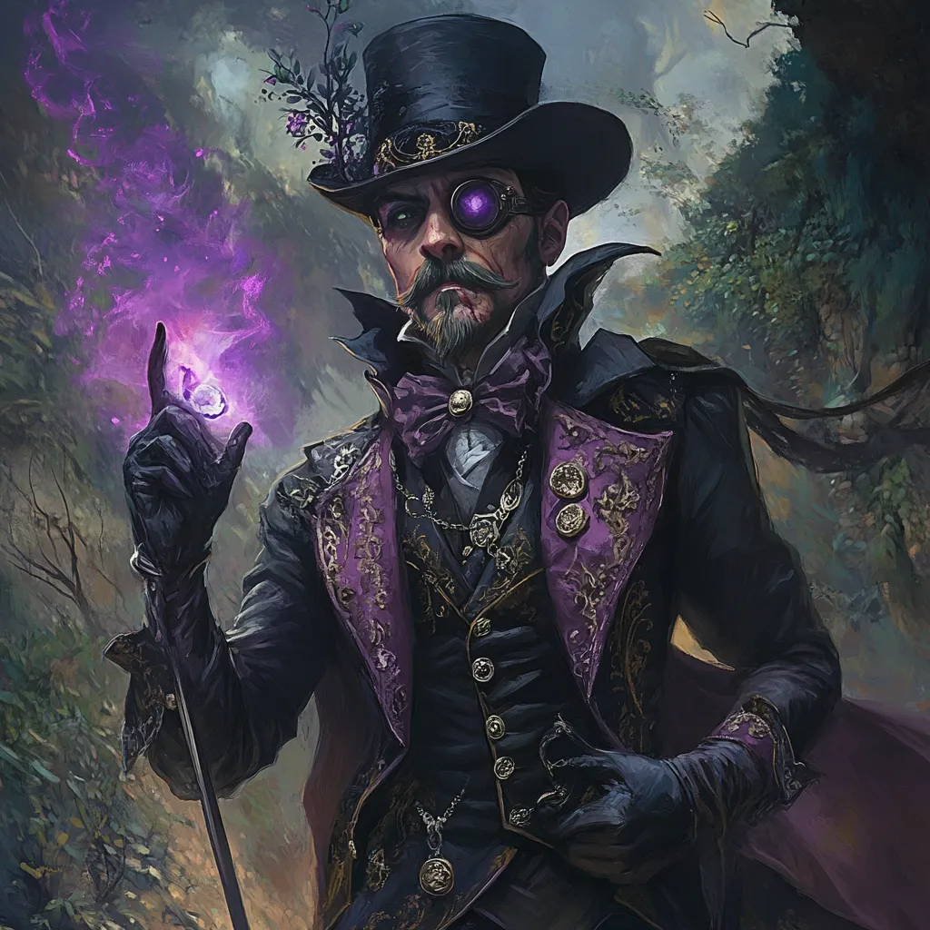 Here's a description of the image:

The painting depicts a flamboyant, darkly elegant gentleman, possibly a magician or illusionist. He wears a top hat adorned with flowers, a purple-trimmed frock coat over a dark waistcoat, and long black gloves.  One of his eyes is replaced with a glowing purple prosthetic. He holds a glowing purple gem, emanating purplish energy, suggesting magical abilities. His expression is serious, and his attire is detailed, hinting at a steampunk or Victorian-era influence, set against a blurry woodland background.  The overall mood is mysterious and intriguing.