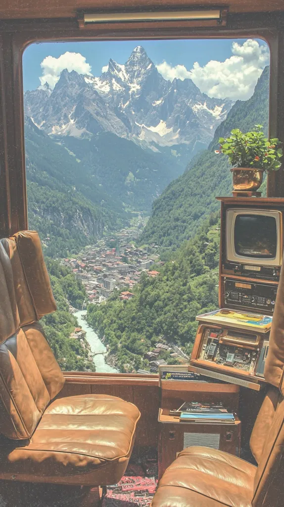 A panoramic view of a majestic mountain range and valley town is seen from a train's large window.  The train's interior features vintage brown leather seats and a retro-style television set on a wooden cabinet.  A small potted plant sits atop the cabinet, adding a touch of nature to the scene. The overall aesthetic is nostalgic and evokes a sense of travel and adventure.  A river winds through the valley below the snow-capped peaks.