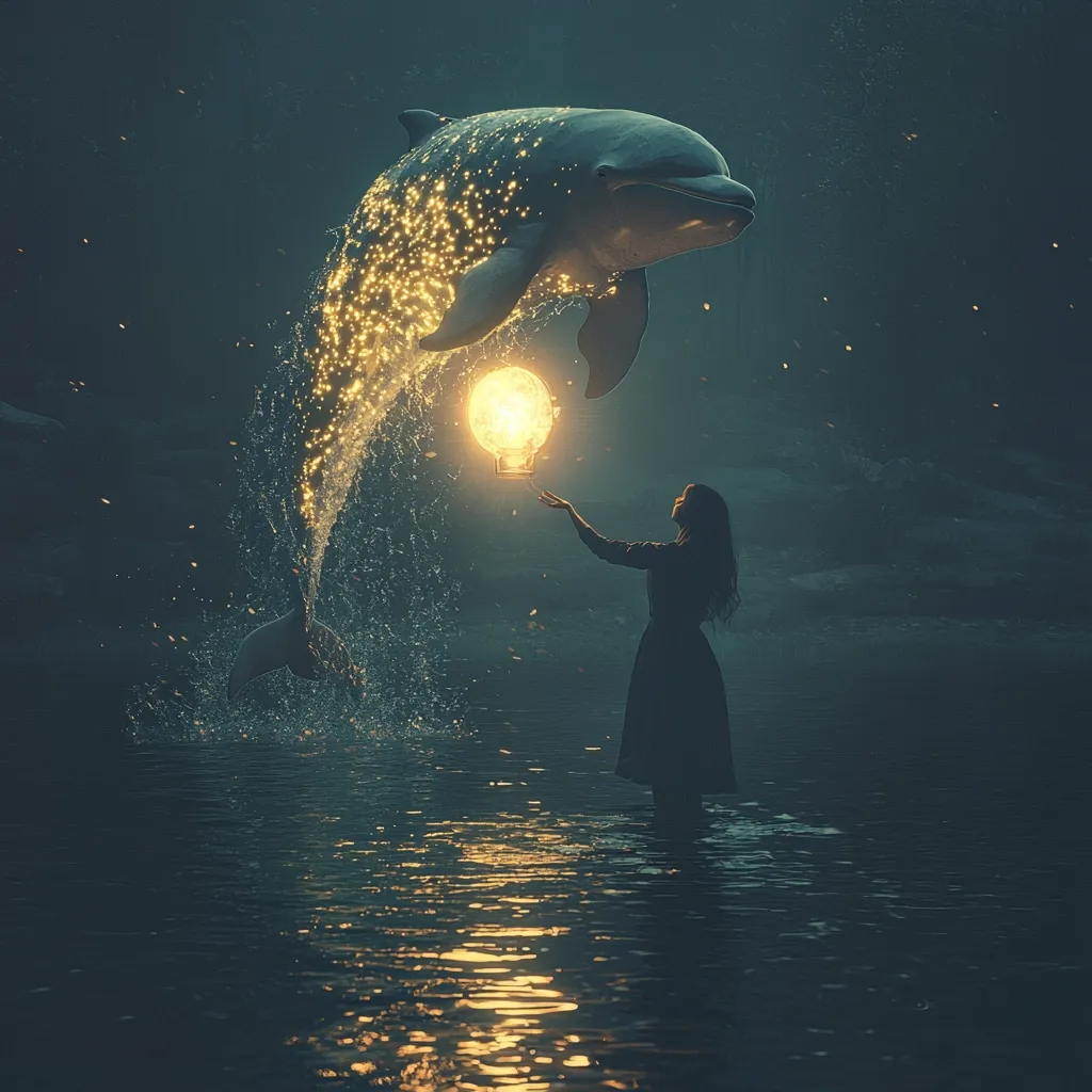 Here is a description of the image:

The artwork depicts a surreal, nighttime scene. A woman in a dark dress stands in shallow water, reaching towards a glowing orb held aloft by a dolphin leaping from the water. The dolphin is covered in shimmering lights, creating a magical effect.  The water is dark, reflecting the soft light of the orb. The background is a shadowy, mysterious forest, adding to the ethereal mood. The overall feeling is one of wonder, mystery, and connection between the woman and the dolphin.
