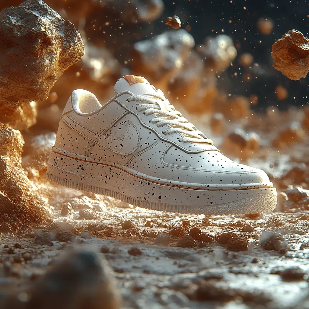 A white Nike Air Force 1 sneaker, speckled with dark spots, appears to float above a textured, muddy surface.  The background is blurred but shows more of the textured material, possibly rock or earth, in various sizes, some in motion, creating a sense of movement and dynamism.  The sneaker is sharply focused, highlighting its design details and the contrast between the clean white and the earthy surroundings.  The lighting emphasizes the shoe's texture and the gold accents.