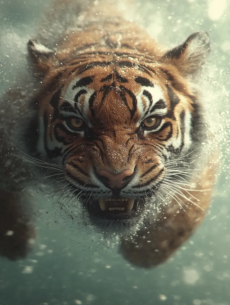 Here's a description of the image:

The image shows a tiger swimming underwater, its head and shoulders breaking the surface.  The tiger's expression is intense, its mouth slightly open, revealing sharp teeth. Water droplets cling to its fur, creating a dynamic, almost ethereal effect. The background is blurred, focusing attention on the tiger's powerful presence.  The overall mood is one of raw power and beauty, showcasing the tiger's strength and grace in an unexpected setting. The lighting enhances the tiger's features and the texture of its coat.