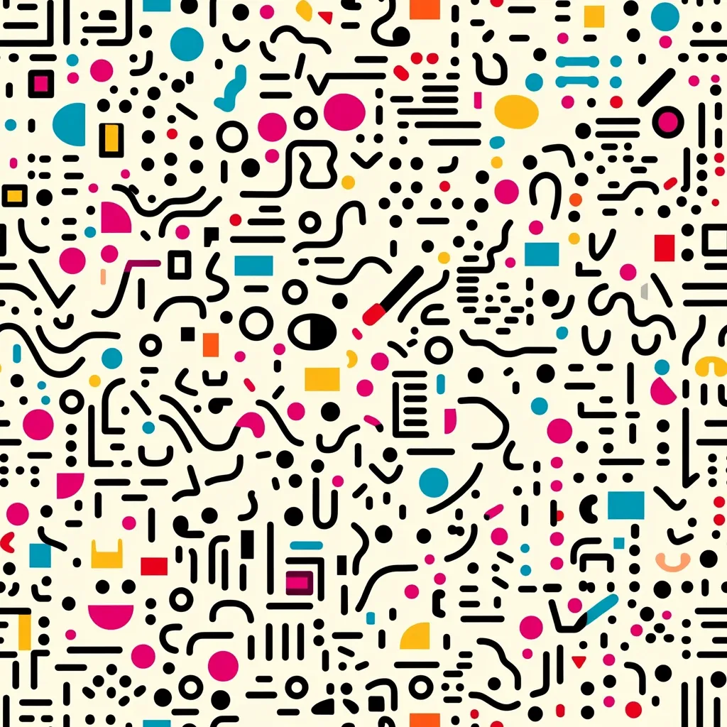 The image is a vibrant, abstract pattern on a creamy off-white background.  It's densely packed with a chaotic yet visually appealing arrangement of geometric shapes and lines.  Circles, squares, rectangles, and irregular forms in various sizes and bright colors (pinks, oranges, blues, yellows) are interwoven with thin black lines and dashes. The overall effect is a busy, energetic, and playful design reminiscent of 80s-inspired art or textile patterns.