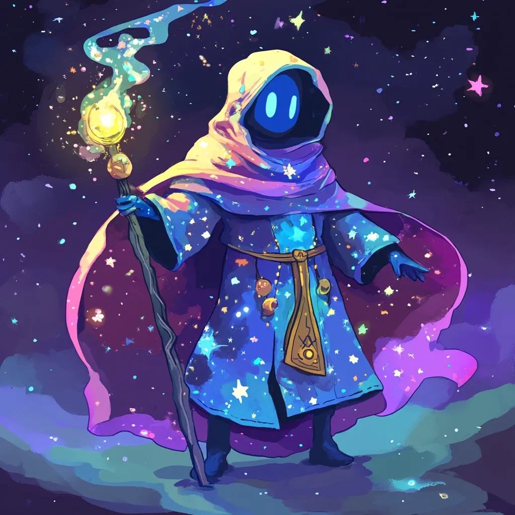 A whimsical illustration depicts a hooded, blue-skinned figure, possibly a wizard or celestial being, adorned in a star-speckled, blue robe and flowing purple cape. The robe features golden accents and hanging orbs. The figure holds a glowing staff with a yellow orb at its tip, suggesting magical power. The background is a dark, starry expanse, adding to the mystical and otherworldly ambiance. The style is vibrant and painterly, with a focus on soft color blending and fantastical elements.