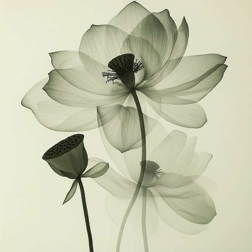 This image is a stylized depiction of lotus flowers, rendered in grayscale with a translucent, almost x-ray-like effect.  The delicate petals and seed pods are clearly visible, showcasing intricate details.  The muted color palette and ethereal quality create a serene and contemplative mood. The composition centers on two main blooms and a seed pod, their stems elegantly intertwined against a soft, pale background.  The overall effect is one of delicate beauty and peaceful tranquility.