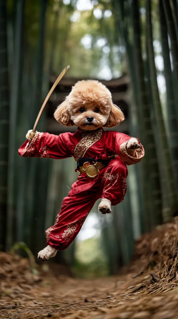 Here is a description of the image:

A fluffy, light brown toy poodle is captured mid-leap, dressed in a vibrant red samurai-style outfit.  The costume features gold accents and intricate detailing.  The dog holds a small, wooden sword aloft. The backdrop is a blurred but discernible bamboo forest, suggesting a serene and perhaps mystical setting. The overall impression is playful yet dramatic, with the dog appearing as a miniature, furry warrior. The image is sharply focused on the dog, with the background softly out of focus, drawing attention to the costumed canine.