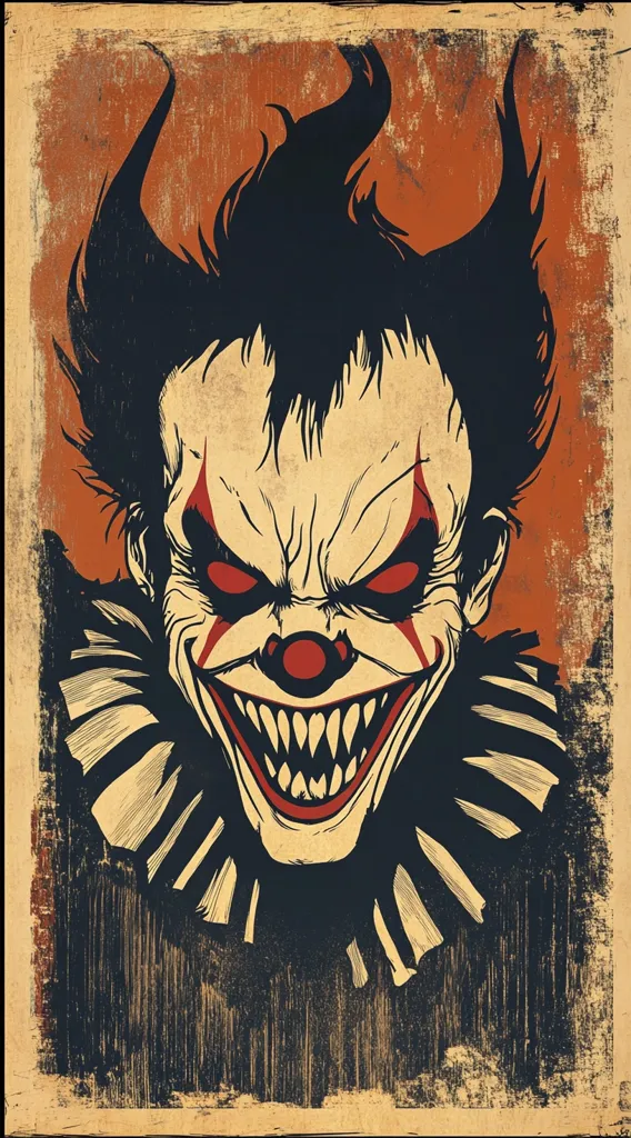 Here's a description of the image:

The image is a stylized portrait of a terrifying clown, rendered in a vintage poster style. The clown's face is pale with exaggerated features: sharp, dark eyes, a wide, grotesque grin revealing sharp teeth, and a red nose.  The hair is black and spiky, almost demonic in appearance. The clown wears a ruffled collar. The background is a distressed, orange-brown, mimicking aged paper or a weathered poster. The overall effect is menacing and unsettling, suitable for a horror-themed design.  The color palette is dark and muted, enhancing the sinister mood.
