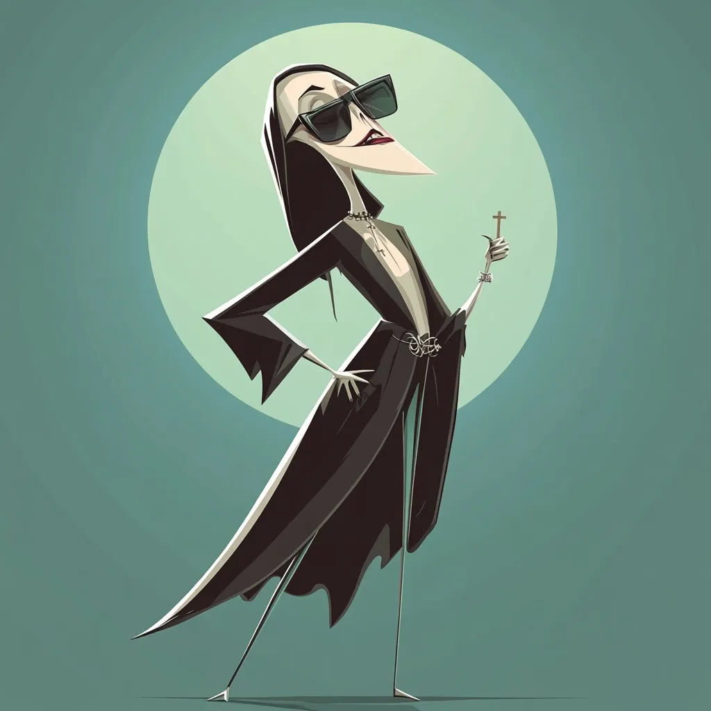 Here's a description of the image:

The illustration depicts a stylized female figure, possibly a caricature of a gothic or vampire character. She's tall and slender, clad in a long, dark, flowing coat that resembles a robe or cloak.  Large sunglasses obscure her eyes, and she holds a small cross in one hand, creating an intriguing juxtaposition. Her pose is confident and slightly defiant, one hand on her hip.  The background features a pale, circular halo against a muted teal backdrop. The overall style is modern and cartoonish, with sharp lines and exaggerated features. The color palette is dark and moody, emphasizing the mysterious and slightly sinister tone.