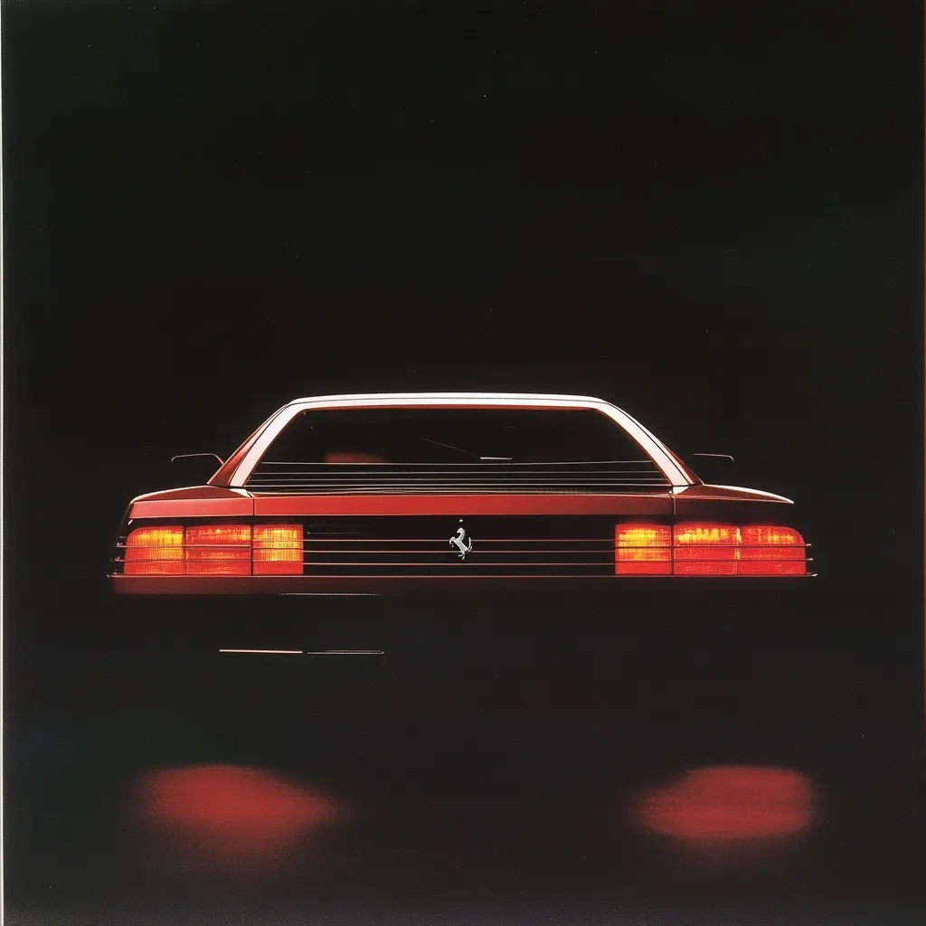 Here's a description of the image:

The image is a dramatic, rear-view shot of a dark red Ferrari Testarossa.  The car is positioned in near-total darkness, its taillights glowing brightly, creating a stark contrast. The iconic Ferrari emblem is subtly visible on the rear deck. The focus is sharply on the car's rear end, with the background falling into deep shadow, emphasizing the vehicle's sleek lines and powerful presence.  The overall mood is one of luxury, mystery, and high performance.