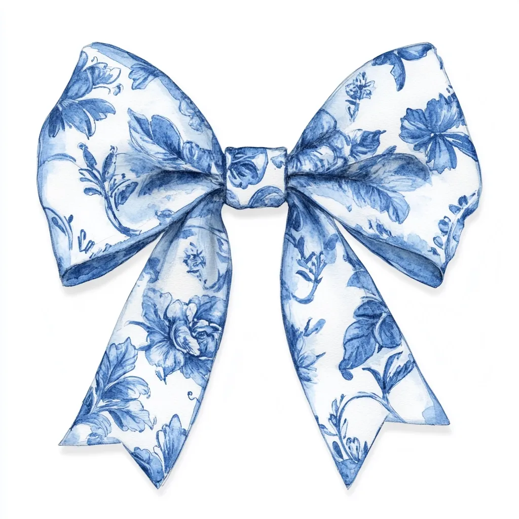Here's a description of the image:

A watercolor painting depicts a large, intricately designed bow. The bow is predominantly white, with a repeating pattern of blue floral designs in a style reminiscent of Delftware pottery. The blue flowers and leaves are detailed and slightly faded, creating a delicate, vintage aesthetic. The bow is tied in a classic, symmetrical style with the loops overlapping slightly. The image is set against a plain white background, highlighting the bow's vibrant colors and intricate details.  The style is elegant and refined.