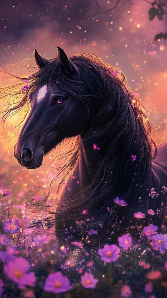 A majestic black horse, its long mane flowing, stands in a field of vibrant purple flowers.  The setting sun casts a warm glow, creating a magical, ethereal atmosphere.  Tiny sparkling lights and floating petals add to the dreamlike quality of the image. The horse's dark coat contrasts beautifully with the bright flowers, and its eyes hold a captivating intensity. The overall impression is one of serene beauty and otherworldly enchantment.