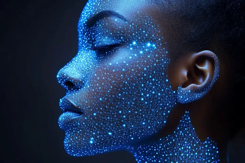 Here's a description of the image:

The image is a close-up profile view of a dark-skinned person's face and neck.  Their eyes are closed, and their expression is serene. The skin is overlaid with a luminous, intricate network of interconnected nodes, resembling a constellation or a technological neural network, glowing bright blue against the dark background. The effect is both beautiful and subtly unsettling, suggesting a fusion of human and technology, or perhaps a representation of data mapping on the human form.