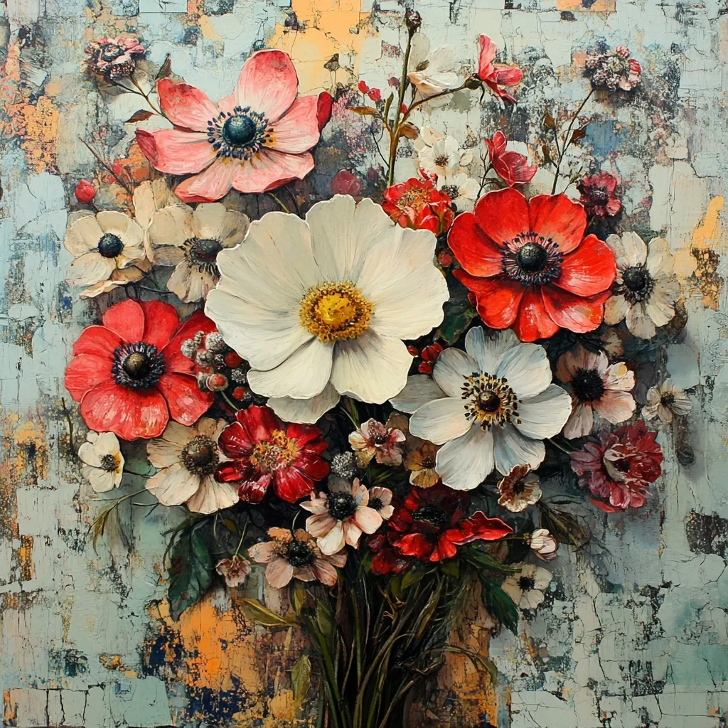 Here's a description of the image:

The painting is a vibrant still life depicting a bountiful bouquet of flowers, primarily anemones in shades of red and white, set against a textured, teal background reminiscent of aged plaster or canvas.  The artist uses impasto techniques to create a three-dimensional effect, making the petals appear almost sculptural.  Smaller flowers in burgundy, pink, and white fill the spaces between the larger blossoms, adding depth and complexity. The overall style is rich and textural, combining realism with an expressive, almost painterly approach.  The light seems to softly illuminate the bouquet, making the colors pop against the muted background.