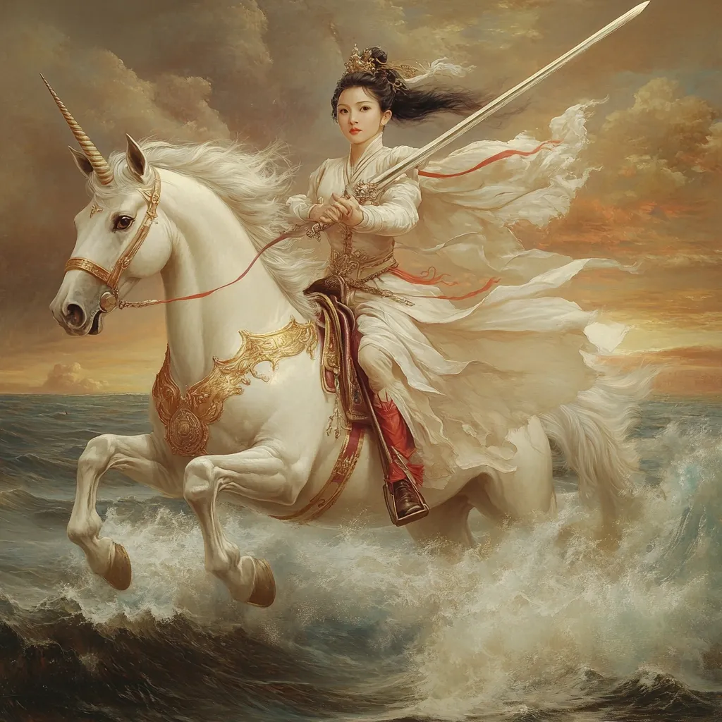 The painting depicts a regal woman, adorned in flowing white robes and a golden-accented saddle, astride a majestic white unicorn.  She grips a long sword, her dark hair flowing behind her. The unicorn gallops powerfully through churning ocean waves under a dramatic, sunset sky.  The overall style is romantic and fantastical, evoking a sense of power and grace. The color palette is warm, with golds, whites, and muted oranges dominating the scene.