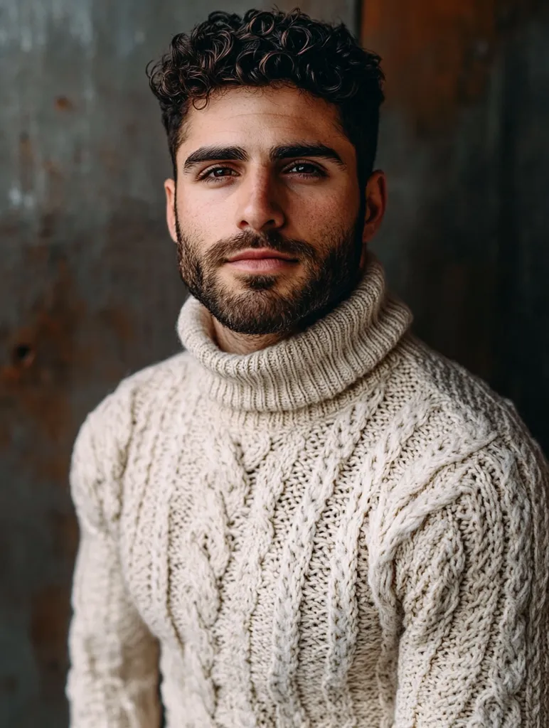 Here's a description of the image:

Close-up portrait of a young man with dark, curly hair and a well-groomed beard. He's wearing a cream-colored, thick cable-knit turtleneck sweater. His expression is serious and direct, engaging the viewer with a steady gaze. The background is a blurred, dark, textured wall, providing contrast to the lighter tones of his sweater and skin. The overall impression is one of stylish simplicity and masculine appeal.