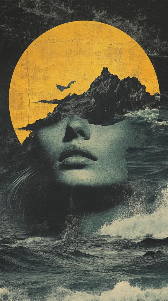 A surreal, textured image depicts a woman's face partially obscured by a dark, rocky landscape set against a large, golden sun.  The rocks and sea appear to merge with the woman's features, creating a sense of unity between nature and human form. The ocean, depicted in dark teal hues with white-capped waves, dominates the lower portion of the artwork, emphasizing the powerful, elemental theme. The overall style is dark, moody, and evocative of a dreamlike state.