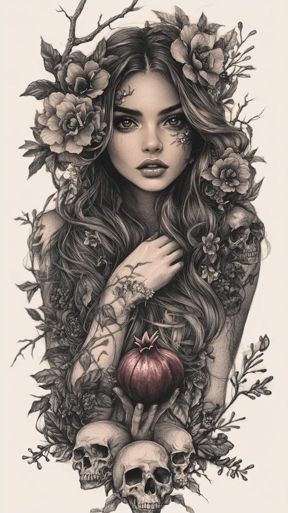 A monochromatic drawing depicts a woman, her long hair adorned with dark roses and entwined with branches.  Her expression is serene yet melancholic. Her arms, also decorated with floral motifs, cradle a single, deep red pomegranate.  At the base of the image, three skulls are nestled amongst more foliage, creating a striking contrast between life and death, beauty and decay. The overall style is dark, romantic, and intricately detailed.