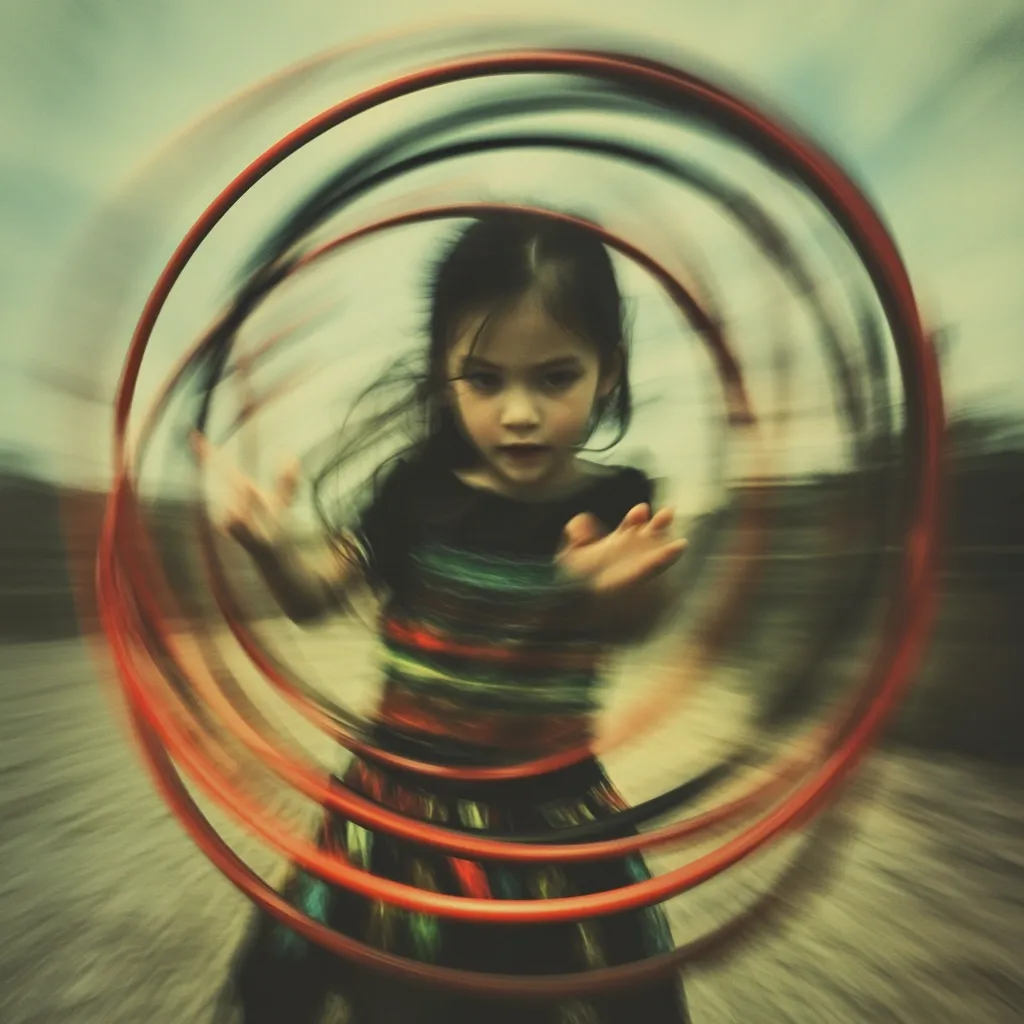 Here's a description of the image:

The photograph captures a young girl, appearing to be around five years old, dynamically engaged in playing with multiple hula hoops. The motion blur effect, created by a long exposure, suggests rapid spinning.  Her dark hair streams around her face, adding to the sense of movement. Her expression is one of intense focus and concentration.  She wears a colorful, striped dress.  The background is blurred and muted, drawing attention to the girl at the center of the whirling hoops. The overall mood is vibrant and energetic, conveying a feeling of youthful playfulness and freedom.