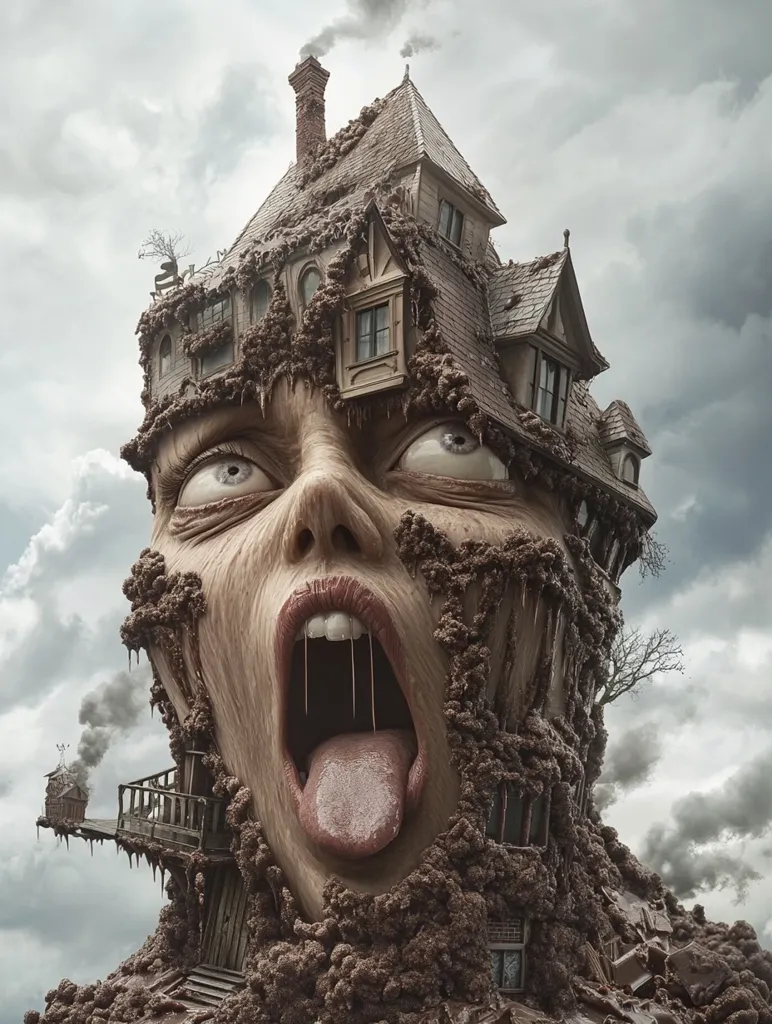 A surreal digital artwork depicts a grotesque face, its features obscured by a decaying, mud-encrusted house. The house, with its aged brickwork and overgrown details, appears to be growing out of or engulfing the face. The face is contorted in a silent scream, its mouth wide open, tongue protruding. The overall mood is dark, unsettling, and evokes a sense of decay and entrapment. The gloomy sky adds to the ominous atmosphere.