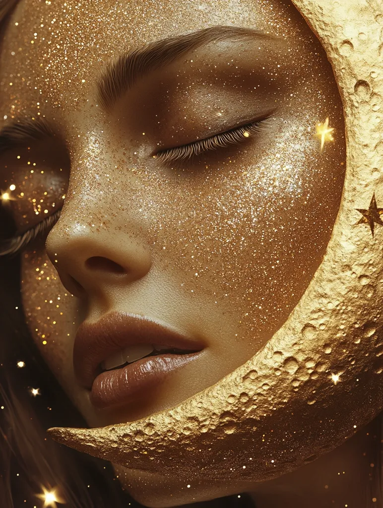 Here's a description of the image:

The image is a close-up of a woman's face, artistically rendered to resemble a celestial being.  Her skin is covered in a shimmering gold glitter, and a crescent moon, also gold and textured like the lunar surface, rests against her cheek and jawline. Her eyes are closed, and her lips are full and slightly parted.  Small, glittering stars are scattered around her face and in the background, enhancing the ethereal, otherworldly atmosphere. The overall effect is one of dreamy, luxurious beauty, with a focus on golden tones and cosmic elements.