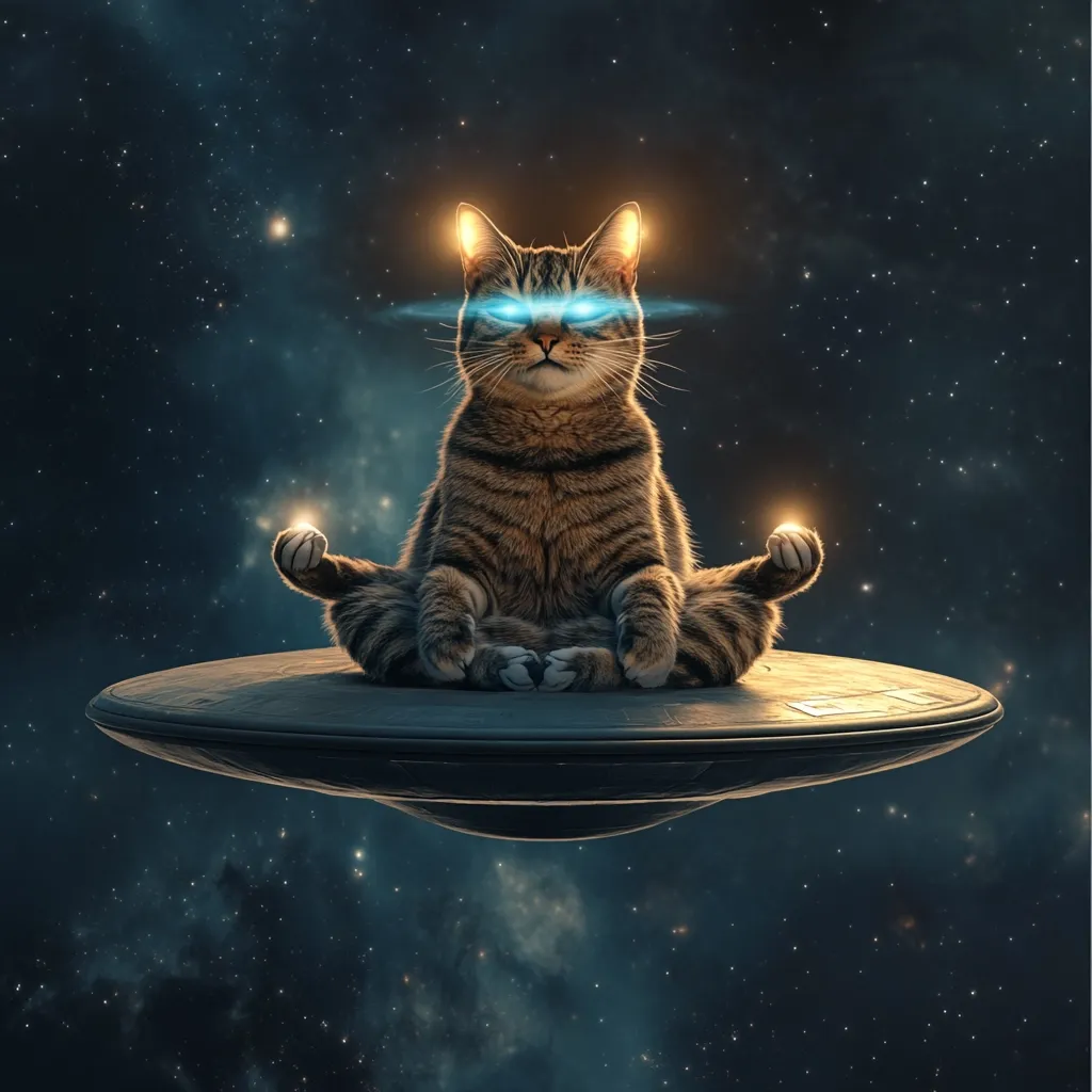 Here's a description of the image:

A tabby cat, radiating serene energy, sits in a lotus position atop a dark gray, flying saucer against a backdrop of a star-filled, dark blue space.  The cat's eyes emit a bright, cyan laser-like glow, enhancing its otherworldly aura. Soft, golden light emanates from its head, adding to the mystical ambiance. The scene is a whimsical, surreal juxtaposition of a domestic animal with elements of science fiction.  The overall effect is calm yet fantastical.