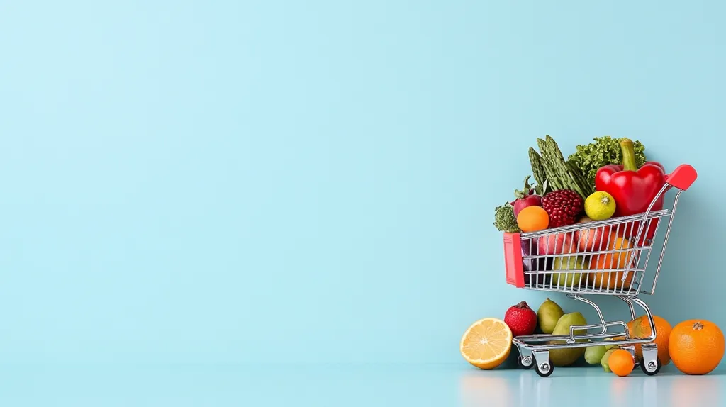 A miniature shopping cart overflowing with fresh produce sits on a light blue background.  The cart is filled with a vibrant assortment of fruits and vegetables, including red bell peppers, asparagus, oranges, apples, and raspberries.  Several additional pieces of fruit are scattered around the base of the cart. The image is clean, bright, and suggests a healthy lifestyle or grocery shopping concept. The ample background space provides room for text or additional elements.