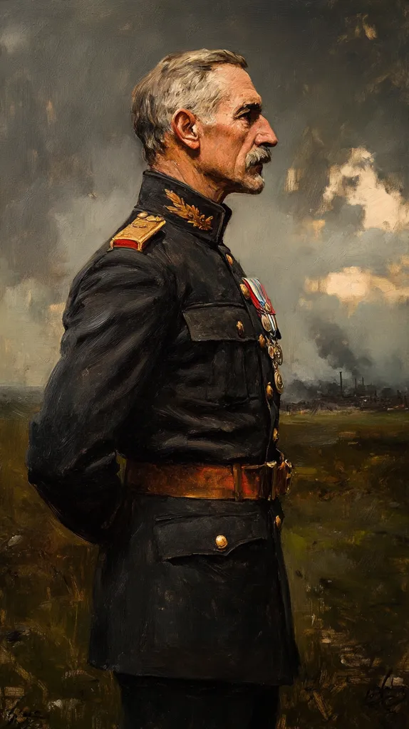 Here's a description of the image:

The painting depicts a profile portrait of an older man, possibly a military officer, in a dark, formal uniform.  His graying hair is neatly styled, and his expression is serious and contemplative. He wears numerous medals, suggesting a distinguished career.  The background is a muted landscape with a hint of industrial smog in the distance, contrasting the stark formality of the subject. The overall style is realist, with attention to detail in the texture of the uniform and the man's weathered face. The somber tone and the industrial backdrop add a layer of historical context, suggesting the portrait may commemorate someone from a time of war or significant societal change.
