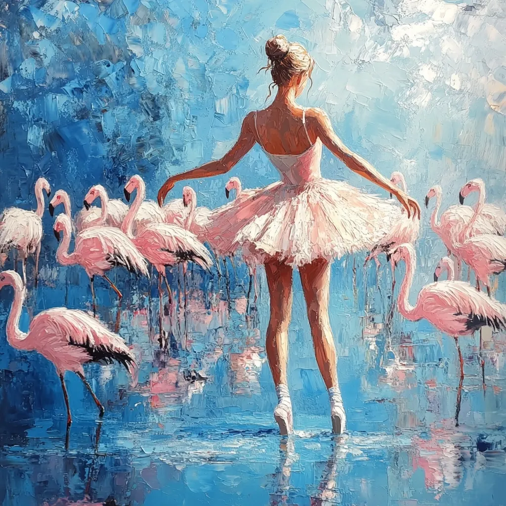 Here is a description of the image:

The painting depicts a ballerina in a pale pink tutu, her back to the viewer, walking amidst a flock of pink flamingos.  The style is painterly and impressionistic, with visible brushstrokes creating a textured effect, especially in the water reflecting the scene.  The background is a vibrant blue, suggestive of a sky or shallow water. The ballerina's posture is graceful, and the flamingos appear serene, creating a dreamlike, harmonious scene. The colors are soft and muted, with the pinks of the tutu and flamingos contrasting beautifully against the cool blue tones.