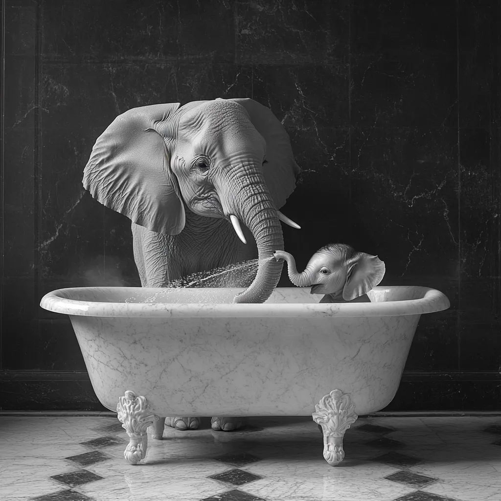 A black and white photograph depicts an adult elephant and a baby elephant enjoying a bath.  The adult elephant, standing, uses its trunk to gently spray water from a claw-footed marble bathtub into the water where the baby elephant sits.  The scene is set in an elegant, dark-walled bathroom with a patterned tile floor, creating a whimsical and unexpected contrast.  The image’s muted tones and the animals’ serene expressions emphasize a sense of calm and gentle affection.