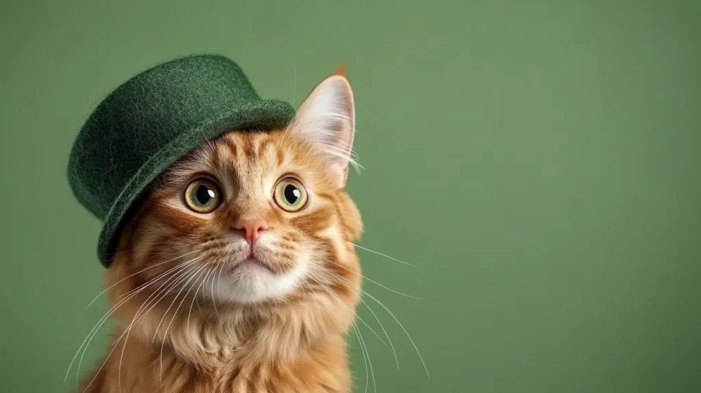 Here's a description of the image:

Close-up view of a ginger cat wearing a dark green, felt-like hat. The cat's fur is long and fluffy, and its expression is one of mild surprise or curiosity. Its large, round eyes are wide open, and its mouth is slightly open. The hat sits perched atop its head, slightly askew. The background is a solid, muted green, providing a contrast to the cat's orange fur and the hat's dark green color. The overall feel is playful and charming.