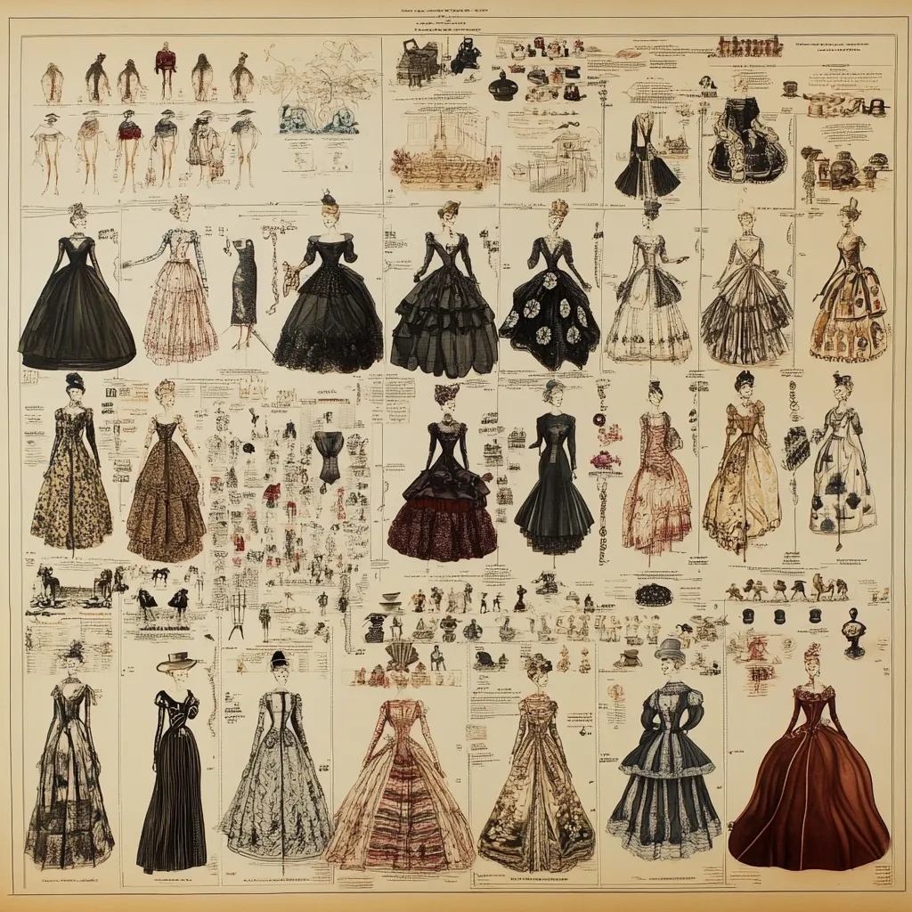 This detailed illustration showcases a comprehensive history of women's fashion.  Organized chronologically, it features numerous gowns in various styles, from simple day dresses to elaborate ballgowns, spanning several decades.  Accompanying the dresses are smaller illustrations depicting accessories, hairstyles, and societal scenes of the era, creating a visually rich tapestry of fashion and cultural context.  The overall aesthetic is vintage, employing sepia tones and a meticulous level of detail.