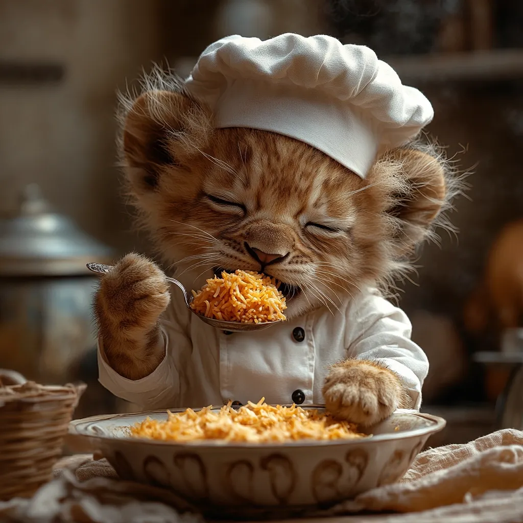 Here's a description of the image:

A charming lion cub, dressed in a miniature chef's uniform complete with a toque, is engrossed in a delicious meal.  Its eyes are closed in blissful enjoyment as it scoops up golden-brown rice with a spoon. A large bowl of the same rice sits before it. The setting is warm and inviting, suggesting a cozy kitchen environment. The overall mood is playful and heartwarming, portraying the cub's adorable appreciation for the food.