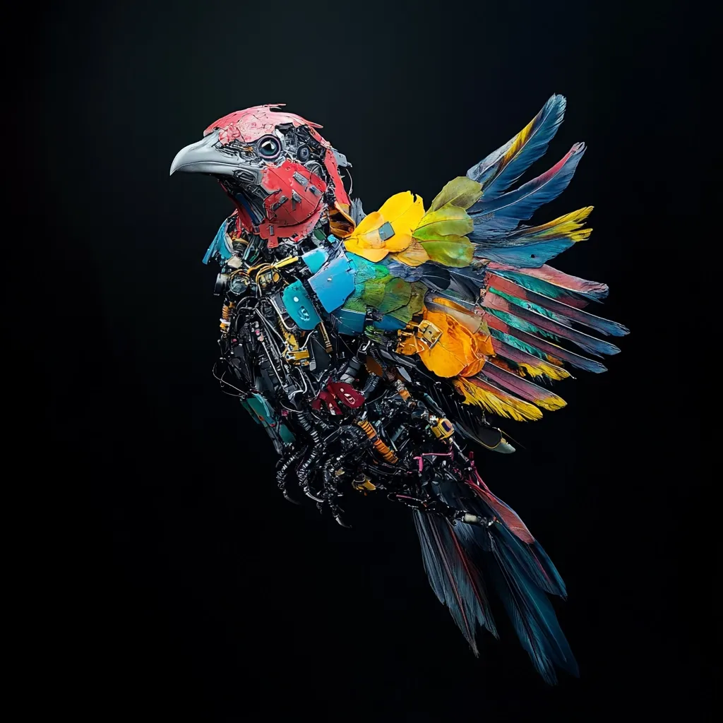 Here's a description of the image:

Against a stark black backdrop, a vibrant, biomechanical bird is depicted in striking detail.  Its body is a captivating fusion of metallic components, wires, and circuitry, intricately assembled to mimic a bird's anatomy.  The wings and feathers are rendered in a palette of rich, multicolored hues—reds, blues, yellows, and greens—creating a striking contrast against the dark metallic elements. The bird's pose suggests movement, its wings partially spread as if in flight or about to take flight. The overall effect is a surreal and captivating blend of nature and technology.