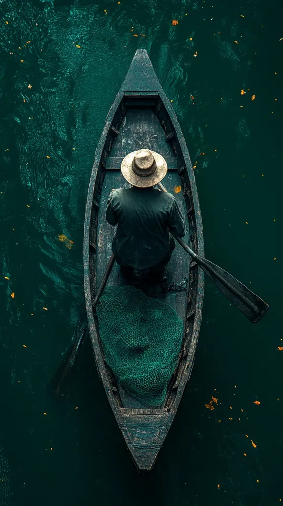 Here's a description of the image:

High-angle, close-up view of a lone person in a small, dark-colored wooden boat on a body of deep teal water.  The individual wears a wide-brimmed hat and dark clothing, and is seen from the back, paddling the boat. A fishing net is visible in the bottom of the boat. Fallen leaves or petals float on the water's surface. The overall mood is serene and contemplative. The image's deep color palette adds to its tranquil atmosphere.