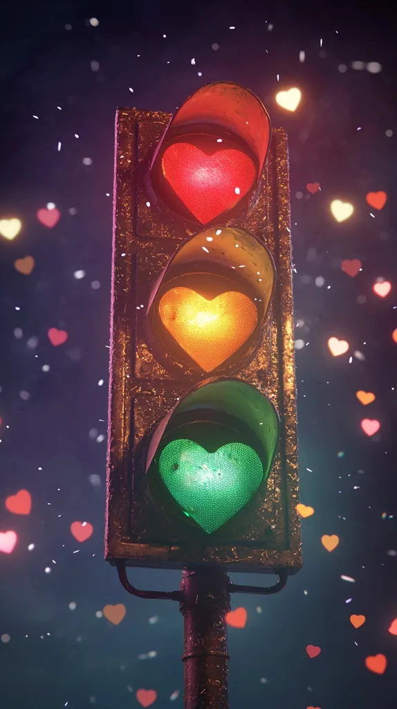 Here's a description of the image:

The image showcases a whimsical traffic light, where each signal is shaped like a heart. The top light is red, the middle is amber, and the bottom is green. The traffic light appears slightly weathered and wet, with water droplets visible on its surface. It's set against a dark, nighttime background speckled with numerous small, glowing, heart-shaped lights, creating a romantic and slightly surreal atmosphere. The overall mood is sweet and playful.