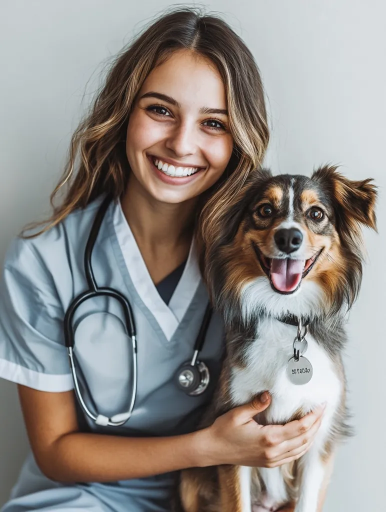 A young, smiling female veterinarian in scrubs cradles a small, fluffy, tri-colored dog.  The dog wears a personalized ID tag. The vet's stethoscope is visible around her neck.  The image projects warmth, compassion, and care, suggesting a positive and trusting relationship between the animal and the caregiver.  The background is a simple, neutral gray.