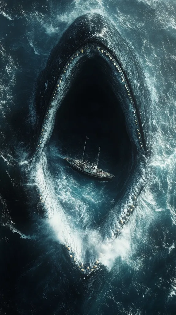 A dramatic aerial shot depicts a colossal, dark whale's gaping maw, engulfing a small sailboat within its immense, shadowy depths.  The ocean is a turbulent expanse of dark blue and white churning waves. The contrast between the tiny vessel and the gigantic creature emphasizes the whale's overwhelming size and creates a sense of impending doom and awe.  The image is highly stylized, possibly a digital artwork.