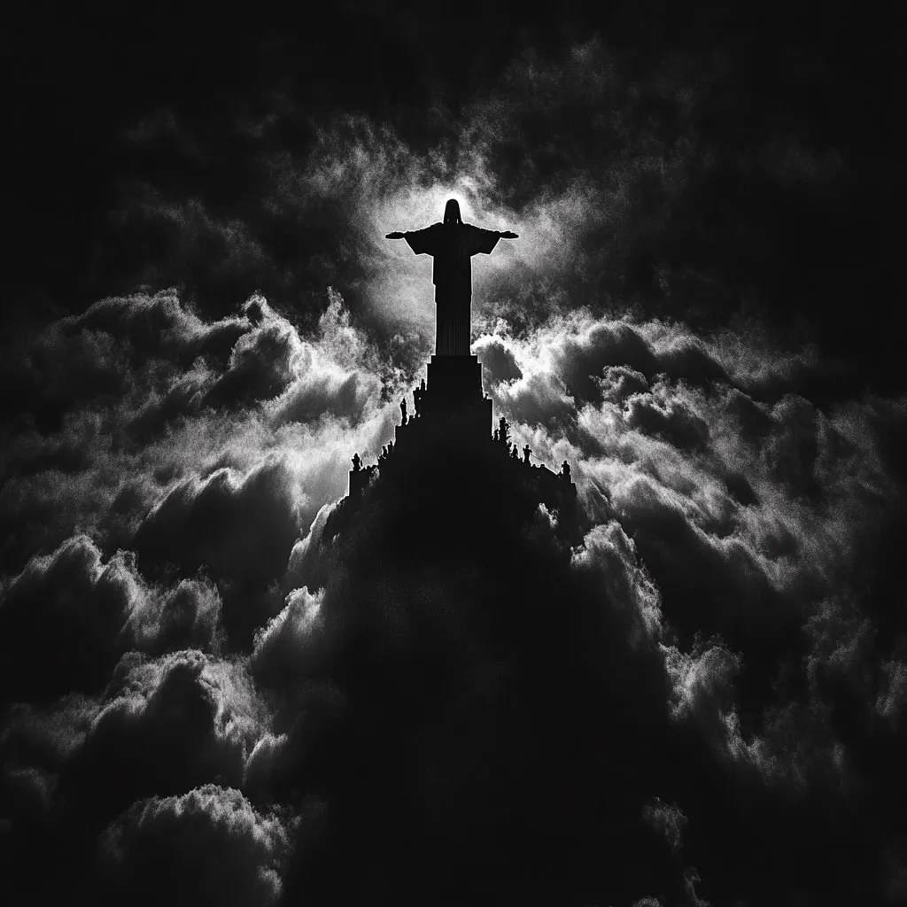 Here's a description of the image:

A dramatic black and white photograph depicts a statue of Christ the Redeemer, silhouetted against a stormy, cloud-filled sky. The statue stands atop a hill or mountain, its outstretched arms forming a powerful gesture. The clouds are heavily textured, creating a sense of movement and drama, some areas lighter where the light seemingly shines through. The overall mood is somber yet majestic, emphasizing the statue's presence as a beacon amidst the turbulent sky. The darkness emphasizes the stark contrast between the figure and the background.