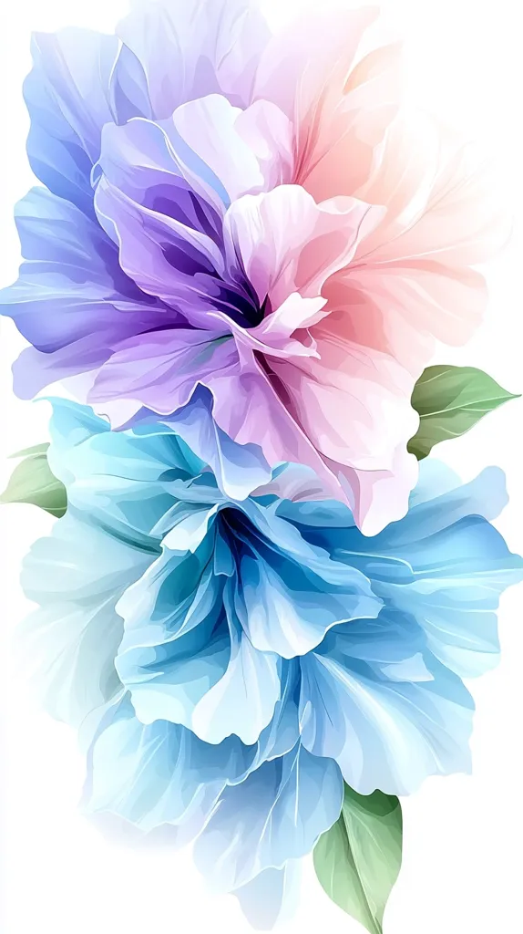 The image is a stylized depiction of two large flowers, layered to create a sense of depth.  The top flower blends from a soft lavender-purple at its center to a pale pink at its edges.  Below, a light blue flower, similarly rendered with soft, flowing petals, complements the top. Both flowers feature translucent petals, giving a delicate, almost ethereal quality. Green leaves peek out from beneath, providing a touch of nature's realism to the otherwise painterly bloom. The whole arrangement is set against a stark white background.