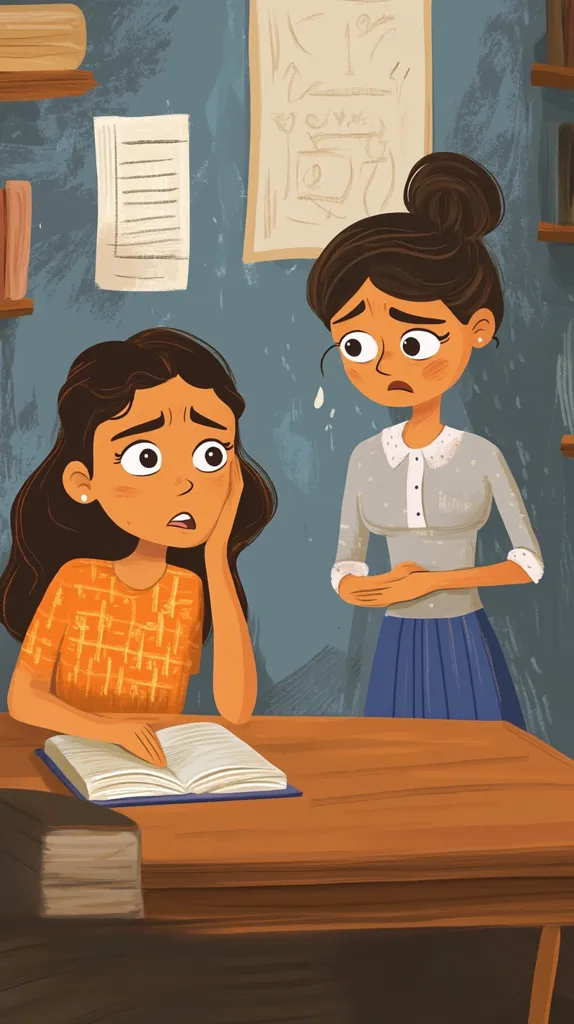 Here's a description of the image:

The illustration shows two young girls seated at a wooden desk in a room with dark teal walls.  One girl, wearing an orange and tan checked top, looks distressed, her hand to her face, studying an open book. The other girl, dressed in a grey blouse and blue skirt, stands beside her, displaying a worried expression, seemingly consoling her.  A sheet of paper hangs on the wall behind them, along with another piece of paper with illegible markings. Bookshelves line the wall, partially visible. The overall style is cartoonish, with soft shading and slightly exaggerated features.  The scene suggests a moment of academic stress or emotional difficulty between the two girls.