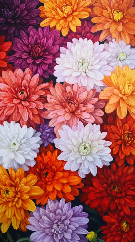 A vibrant close-up showcases a profusion of chrysanthemum blooms in a rich array of colors.  Deep reds, fiery oranges, soft pinks, and creamy whites intertwine, creating a dense and textural composition.  The flowers, rendered with meticulous detail, seem almost three-dimensional, highlighting the delicate petals and contrasting hues. The overall effect is one of abundant, joyful color and floral opulence.