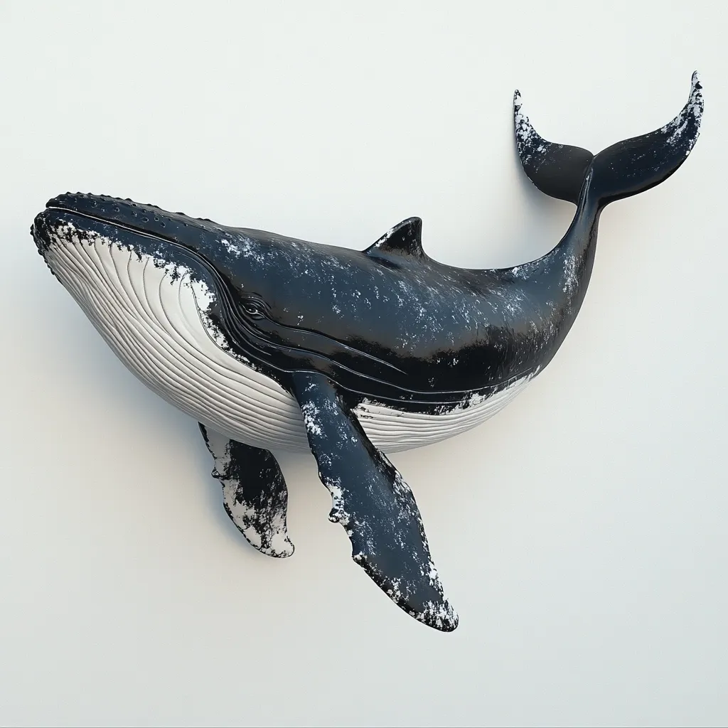 Here's a description of the image:

The image shows a striking, stylized sculpture of a humpback whale against a plain white background. The whale is predominantly dark gray or black, with a textured, almost distressed finish suggesting age or weathering.  Its underbelly is a contrasting bright white, showcasing the characteristic baleen plates.  The sculpture captures the whale in a dynamic pose, appearing to swim upwards, with its flukes elegantly extended. The overall effect is both realistic in form and artistic in its presentation.